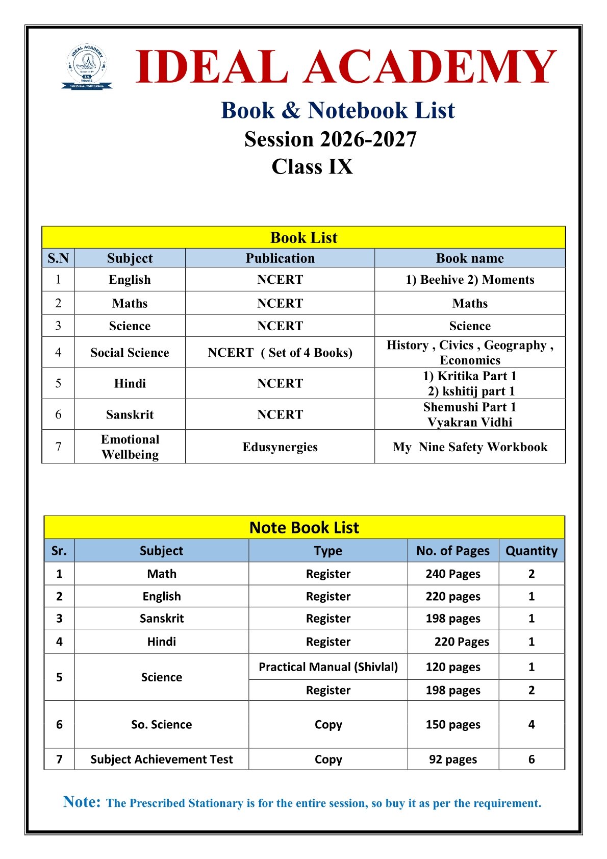 Booklist Class 9